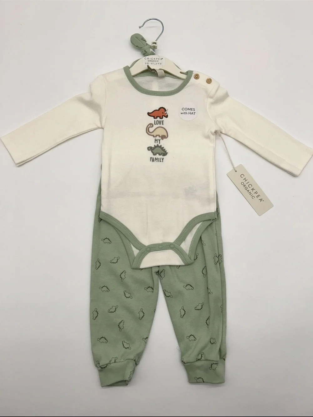 Chickpea Organic 6-9M 3pc Cream & Sage Dinosaur One-Piece Set